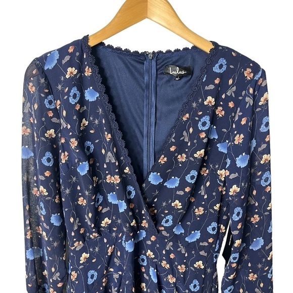 Lulus Bravissima Floral Print Flounce Sleeve Ruffled Dress Navy Blue Size Large - Picture 4 of 9